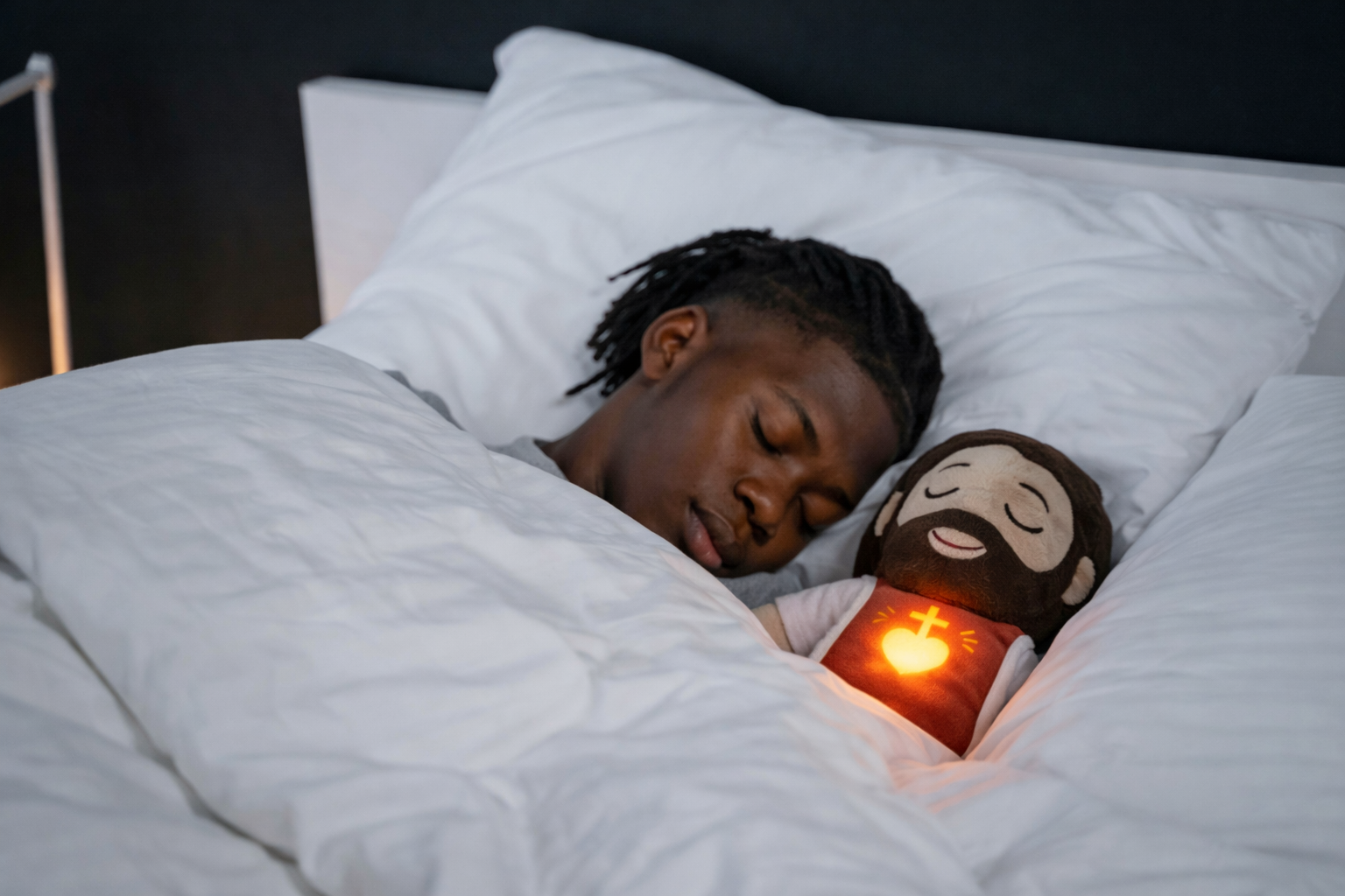 Con el peluche consolador de Jesús